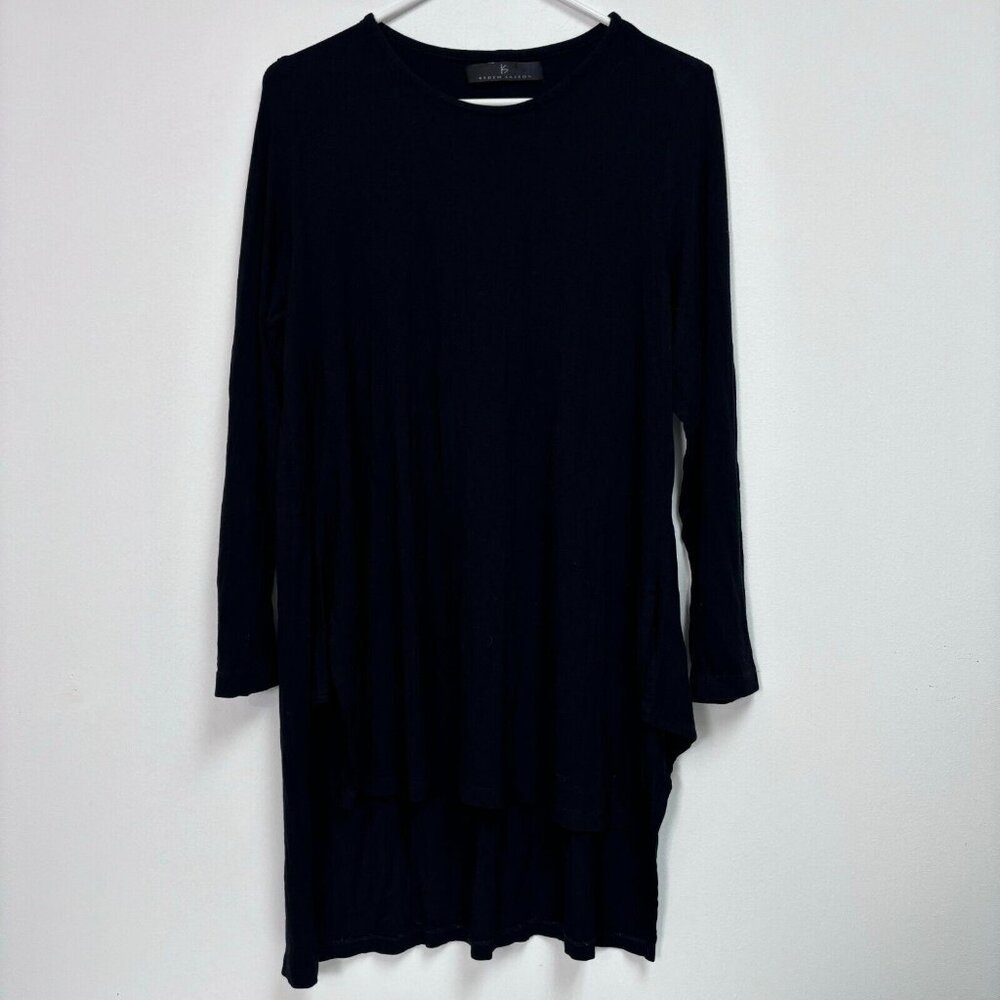 Kedem Sasson Womens Black Long Sleeve Shift Dress Stretch High Low Hem Slits